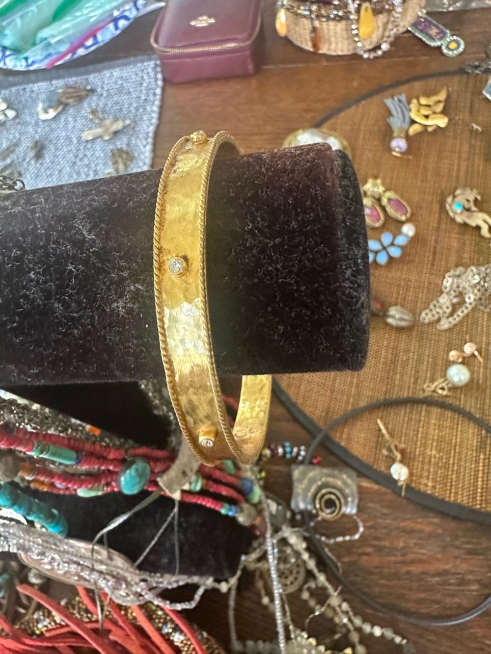 Julie Vos Gold Tone Hammered Bangle with Clear Stone Accents - Picture 2 of 3